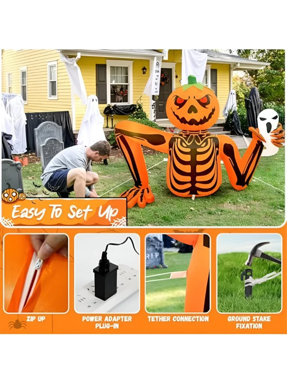 Halloween Inflatable Pumpkin Skeleton, 5FT Outdoor Halloween Decorations